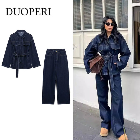 Ensemble Femme DUOPERI – Veste en Jean Ceinturée + Jean Zippé Vintage 👖✨