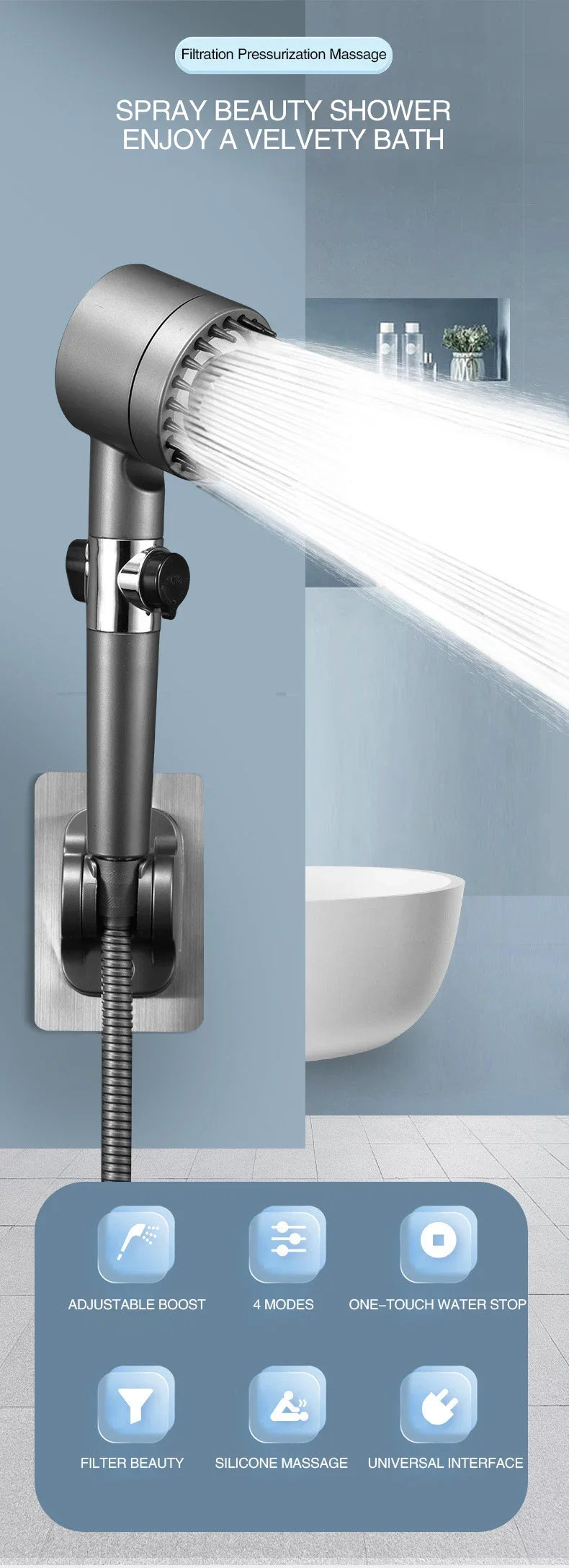 Pomme de Douche à Haute Pression – 3 Modes Réglables avec Brosse de Massage, Accessoire Salle de Bain 🚿✨