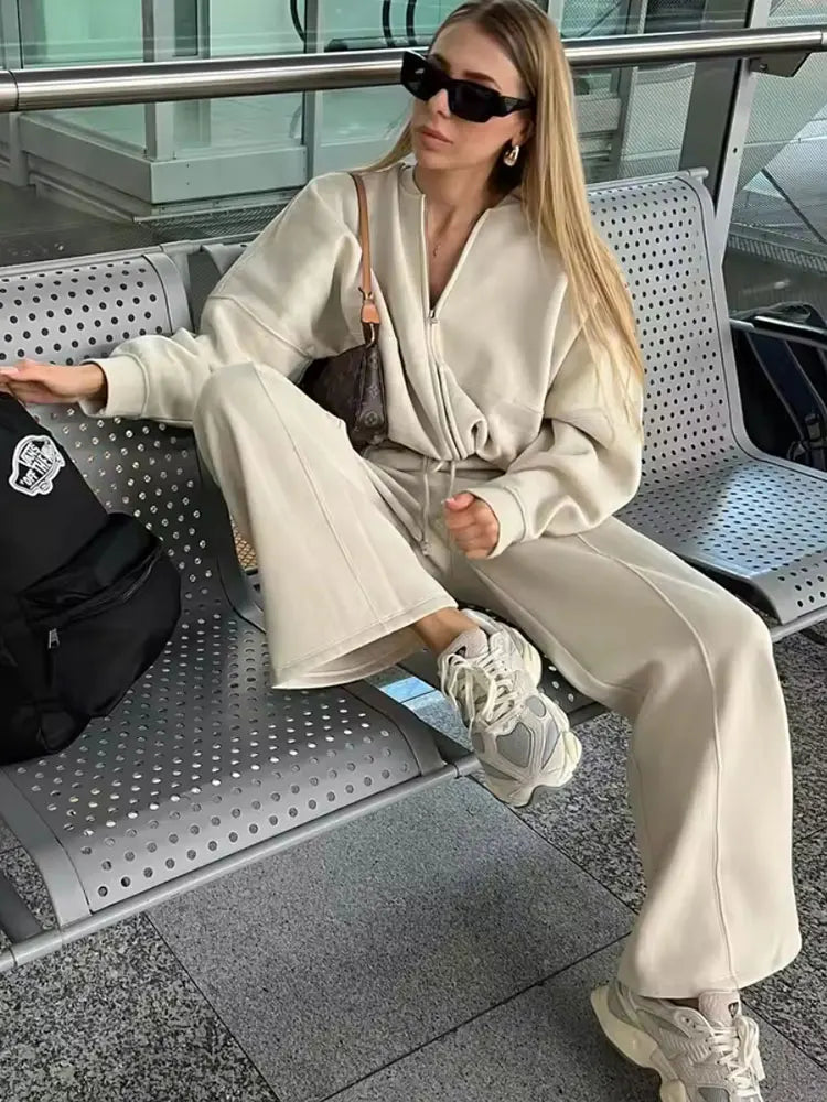 Ensemble Femme Automne HH – Veste Bomber Zippée + Pantalon Large Taille Haute à Lacets 🍂✨