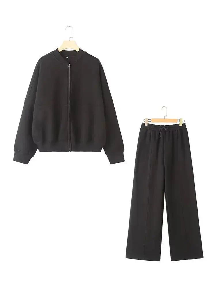 Ensemble Femme Automne HH – Veste Bomber Zippée + Pantalon Large Taille Haute à Lacets 🍂✨