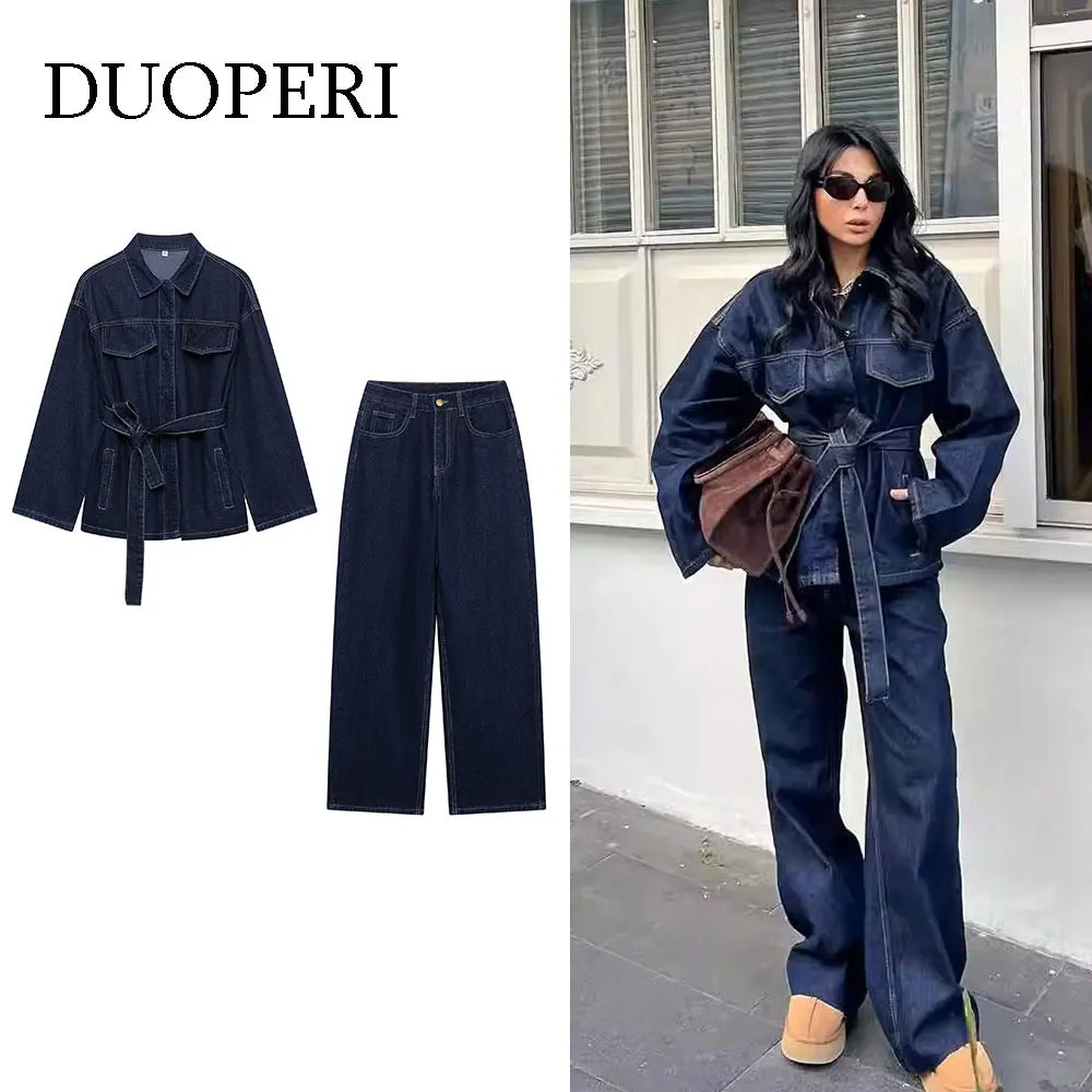 Ensemble Femme DUOPERI – Veste en Jean Ceinturée + Jean Zippé Vintage 👖✨