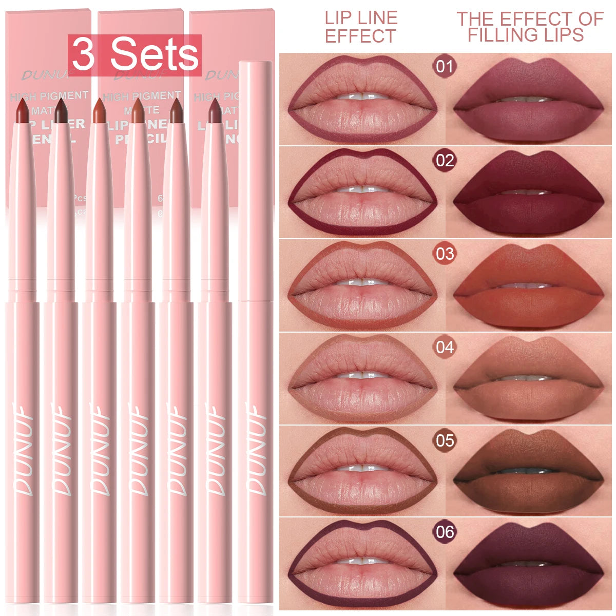 Set 6 Crayons à Lèvres – Longue Tenue, Waterproof, Anti-Transpiration, Couleur Intense et Non Décolorante, Maquillage Lèvres Facile à Appliquer