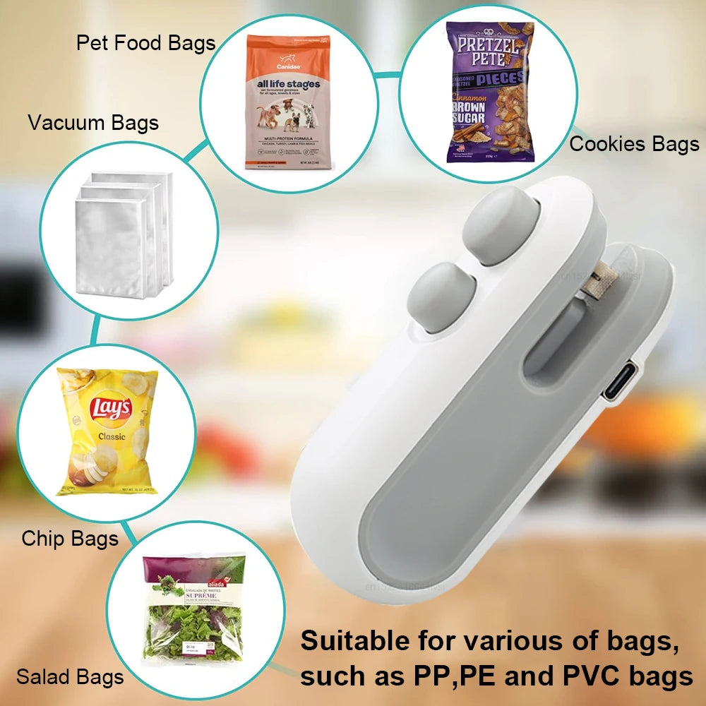 Mini Scelleuse de Sacs Portable – Appareil à Main Rechargeable 2-en-1, Scelle et Coupe Sacs Plastique pour Snacks et Aliments