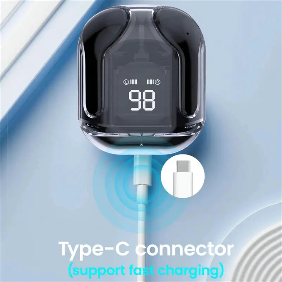 Écouteurs Bluetooth Sans Fil T2 – Design Transparent, Son Stéréo HIFI, Affichage LED de la Batterie, Pour Téléphone