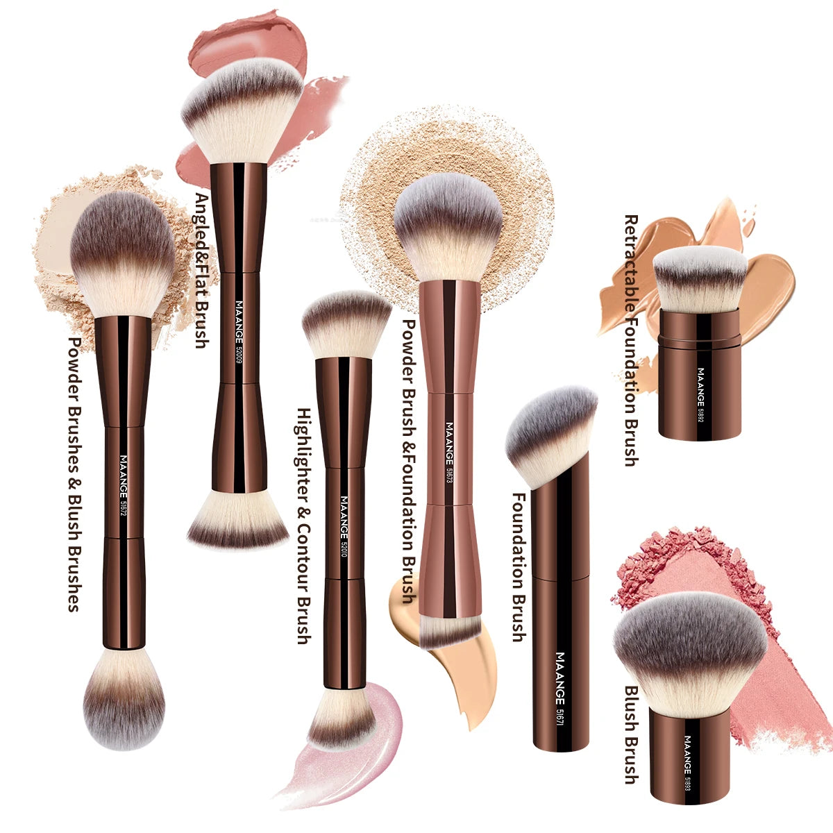 MAANGE – Pinceaux de Maquillage Double Tête pour Fond de Teint, Poudre, Anti-Cernes et Blush, Poils Doux en Fibre, Outils Cosmétiques