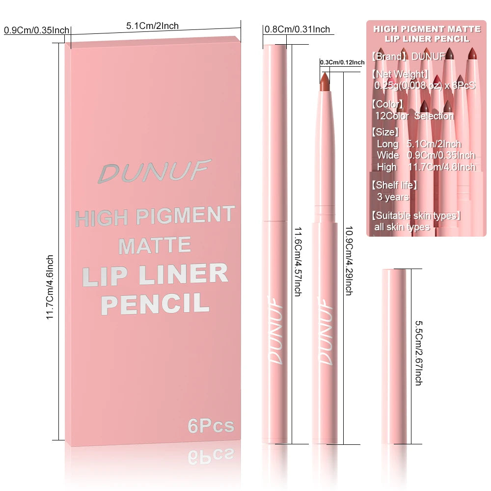 Set 6 Crayons à Lèvres – Longue Tenue, Waterproof, Anti-Transpiration, Couleur Intense et Non Décolorante, Maquillage Lèvres Facile à Appliquer