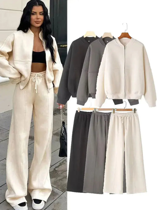 Ensemble Femme Automne HH – Veste Bomber Zippée + Pantalon Large Taille Haute à Lacets 🍂✨