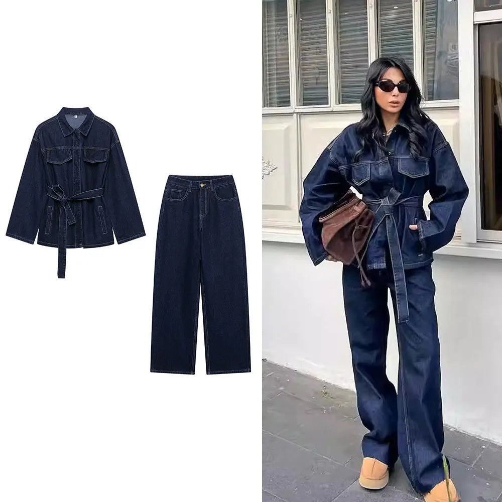Ensemble Femme DUOPERI – Veste en Jean Ceinturée + Jean Zippé Vintage 👖✨