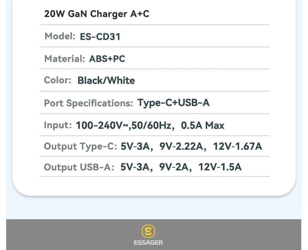 Chargeur USB-C Essager 20W GaN – Charge Rapide PD & QC 3.0 pour iPhone 14/13/12/11, iPad, Pro Max et Mini