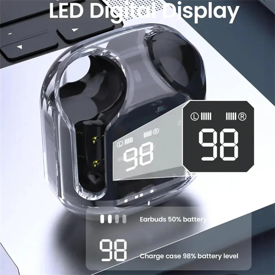 Écouteurs Bluetooth Sans Fil T2 – Design Transparent, Son Stéréo HIFI, Affichage LED de la Batterie, Pour Téléphone