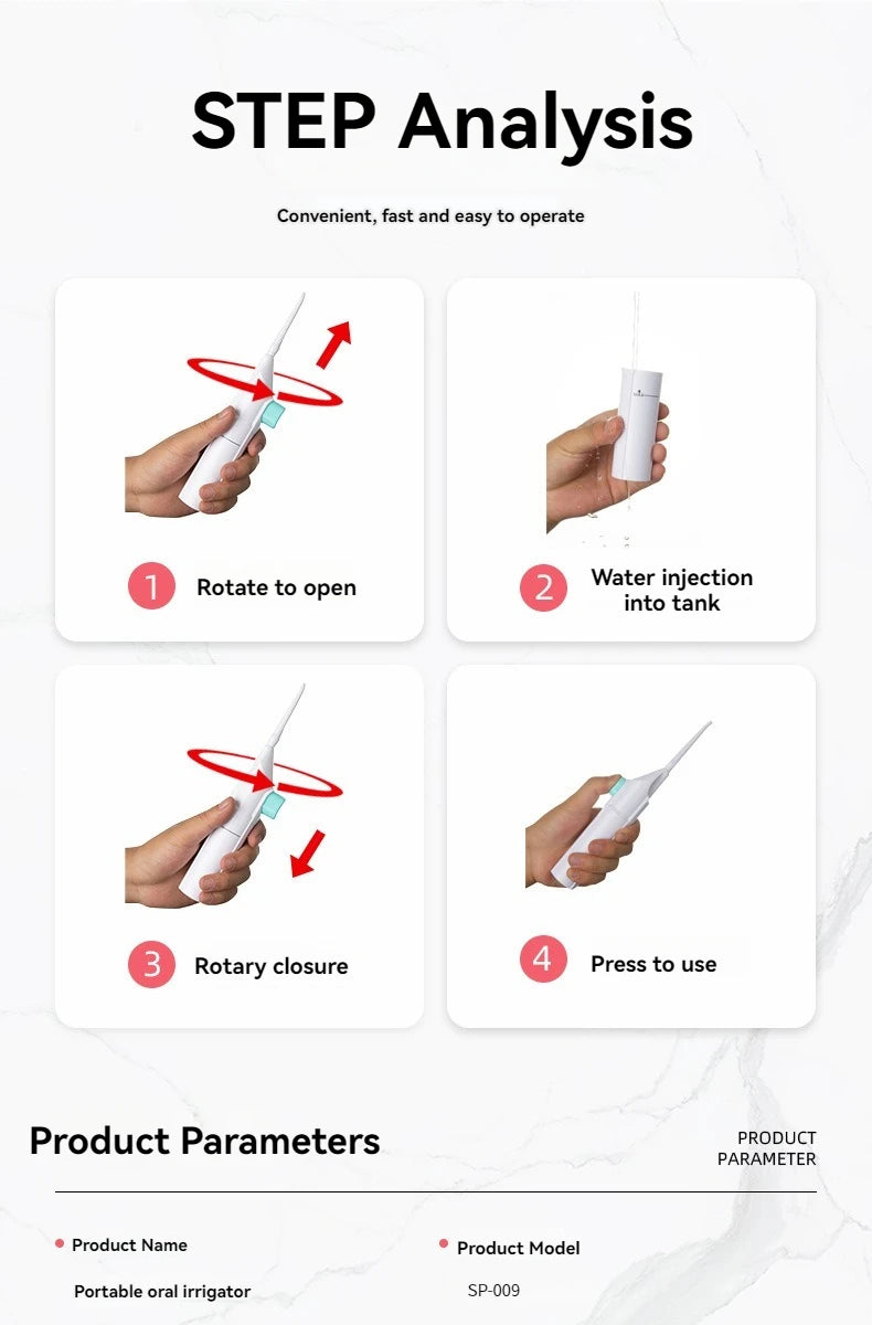 Hydropulseur Dentaire Portatif – Jet d’Eau Haute Pression, Nettoyeur Interdentaire Manuel pour des Dents Propres et Saines